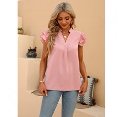 Sucolan Womens Summer Tops 노치 V 넥 귀여운 프릴 슬리브 블라우스 비즈니스 Dressy 캐주얼 셔츠