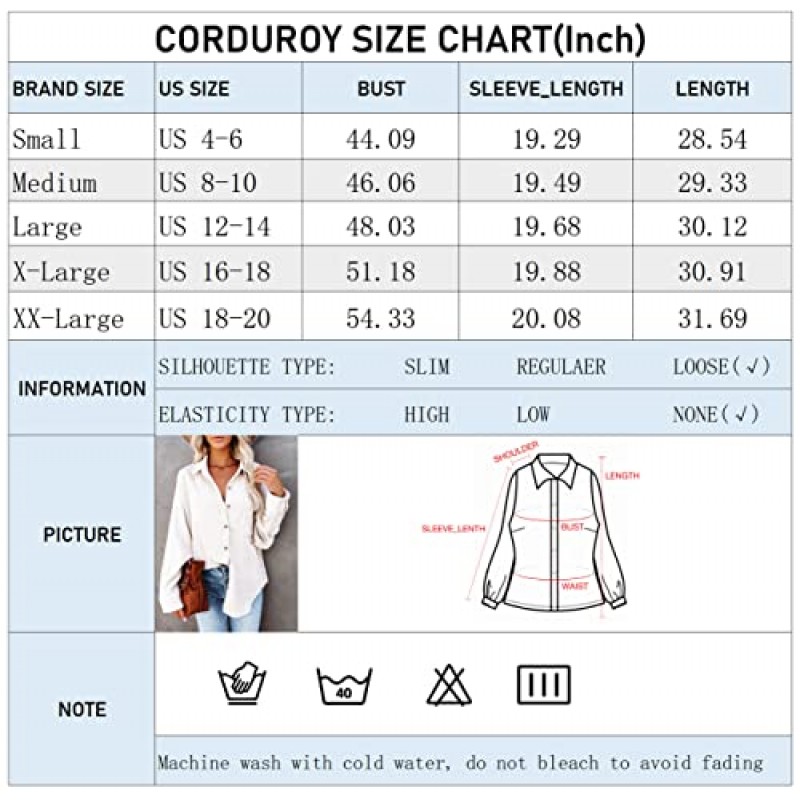 여성용 코듀로이 버튼 다운 샤켓 캐주얼 긴팔 셔츠 재킷 오버사이즈 블라우스 탑