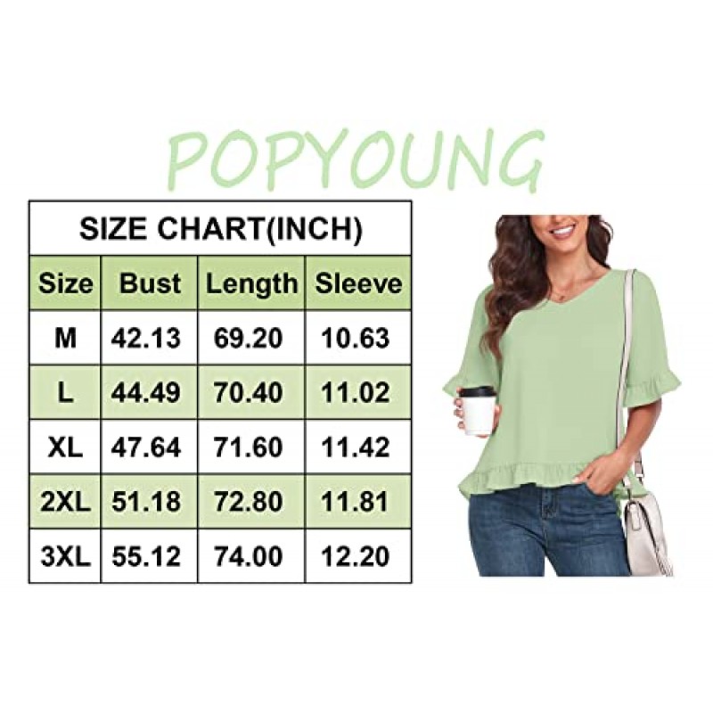 POPYOUNG Womens 여름 캐주얼 프릴 반팔 시폰 블라우스 Flowy Ruffle Hem v 넥 튜닉 탑 루즈 피트 티셔츠