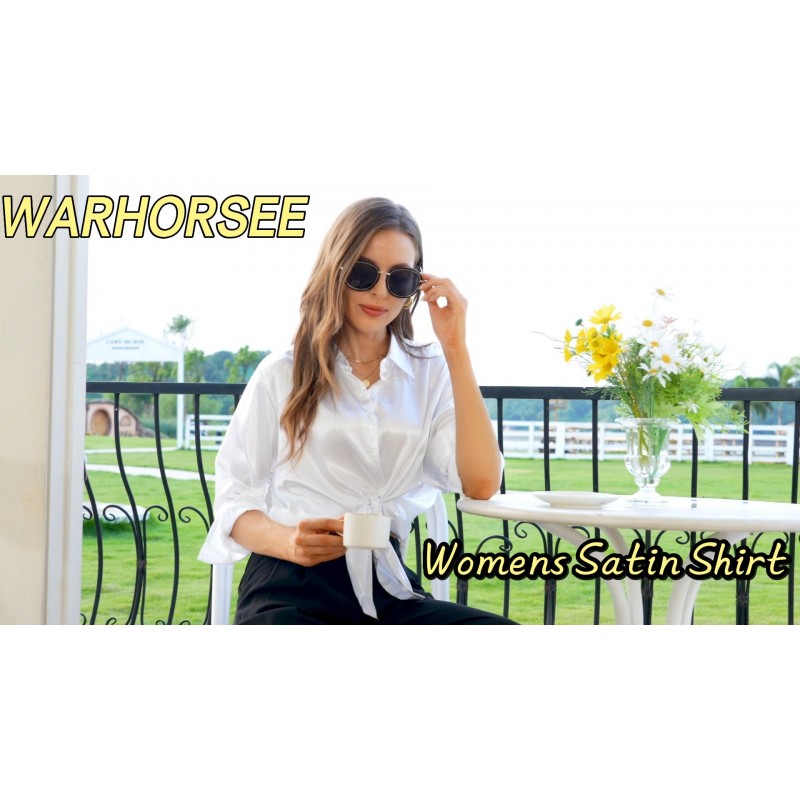 WARHORSEE Womens 버튼 다운 셔츠 긴 소매 작업 드레스 셔츠 링클 프리 새틴 블라우스 비즈니스 캐주얼 탑 Dressy