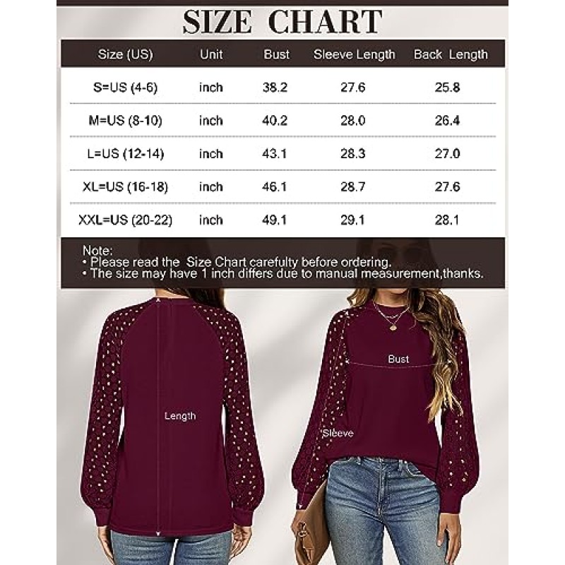 Ficerd 여성용 퍼프 긴 소매 탑 레이스 슬리브 캐주얼 블라우스 셔츠 벌룬 슬리브 모의 넥 블라우스 탑