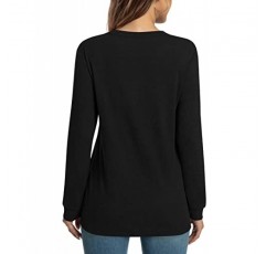 HOTGIFT 여성 티셔츠 긴 소매 캐주얼 셔츠 V 넥 버튼 티셔츠 루즈하고 편안한 따뜻한 블라우스