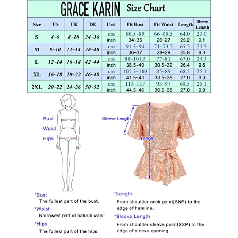 GRACE KARIN 여성 스팽글 파티 탑 짧은 벨 슬리브 크루넥 타이 신축성 있는 허리 Peplum 탑