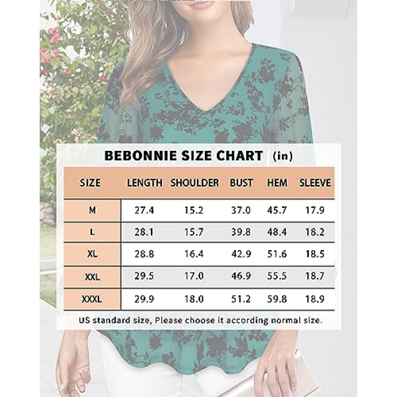 Bebonnie Womens Ruffle 3/4 슬리브 V 넥 더블 레이어 메쉬 블라우스 루즈 피트 플로위 튜닉 탑