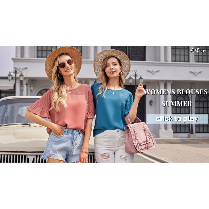 Aifer Womens Blouses 러플 반소매 탑 Dressy 시폰 블라우스 캐주얼 크루넥 티셔츠 플레인 셔츠 백 키홀