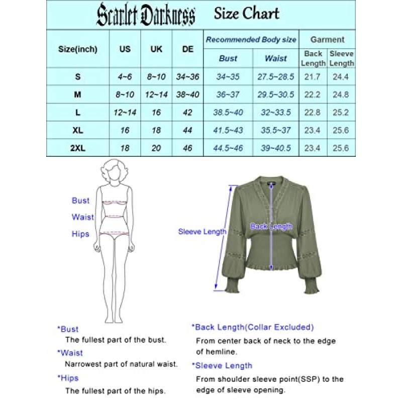 Scarlet Darkness 여성 르네상스 농민 블라우스 V 넥 랜턴 슬리브 레이스 스모크 탑