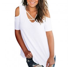 SMALNNIE 여성용 크리스 크로스 콜드 숄더 V 넥 반소매 여름 T 셔츠