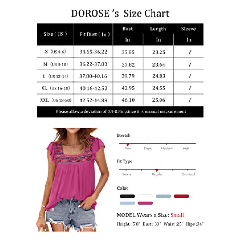 DOROSE Womens Square Neck 자수 탑 Flowy Ruffle Sleeve Boho 농부 블라우스