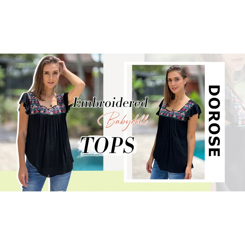 DOROSE Womens Square Neck 자수 탑 Flowy Ruffle Sleeve Boho 농부 블라우스