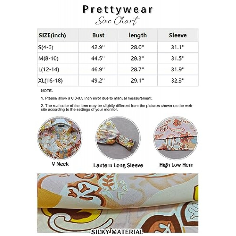 Prettywear 여성 2023 캐주얼 Boho V 넥 패션 탑 블라우스 랜턴 긴 소매 꽃 추상 인쇄 여름 루즈 셔츠