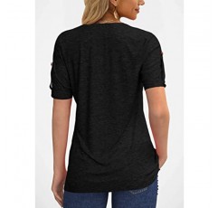 Grlasen 여성용 지퍼 여름 주름 단추 반팔 티셔츠 여름 v 넥 솔리드 컬러 캐주얼 탑