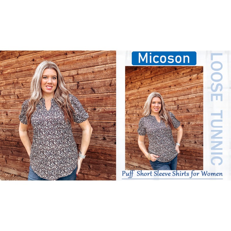 Micoson Womens V 넥 퍼프 반소매 Pleated T 셔츠 패션 여름 탑 캐주얼 튜닉 블라우스