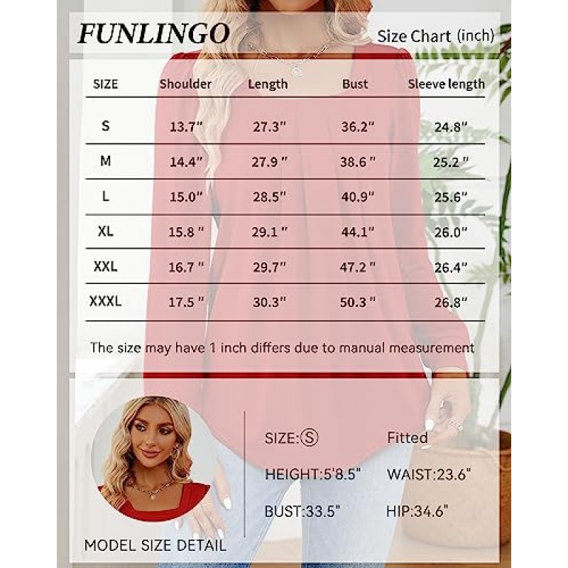 Funlingo 2023 여성용 긴 소매 탑 Dressy Pleated 스퀘어 넥 튜닉 블라우스 캐주얼 루즈 셔츠