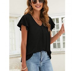 LIOFOER 여성용 프릴 반소매 탑 V 넥 티셔츠 솔리드 컬러 블라우스 캐주얼 여름 튜닉상의