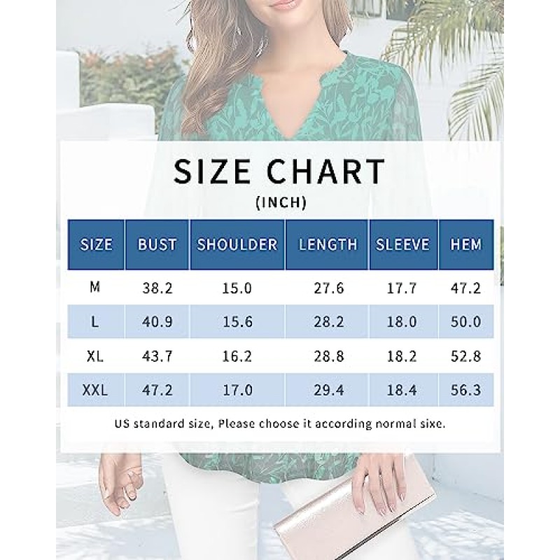 VALOLIA 여성용 3/4 슬리브 꽃 튜닉 탑 V 넥 더블 레이어 루즈핏 메쉬 블라우스 셔츠