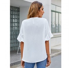 BMJL 여성용 흰색 블라우스 시폰 프릴 반소매 V 넥 비즈니스 캐주얼 탑 여름 귀여운 셔츠