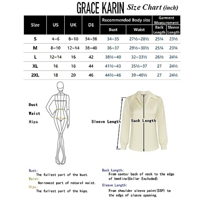 GRACE KARIN 여성용 새틴 실크 블라우스 옷깃 V 넥 긴 소매 캐주얼 작업 블라우스 셔츠 풀오버 탑