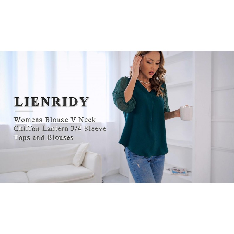 LIENRIDY 여성용 블라우스 브이넥 시폰 랜턴 3/4소매 탑 및 블라우스, S-XL