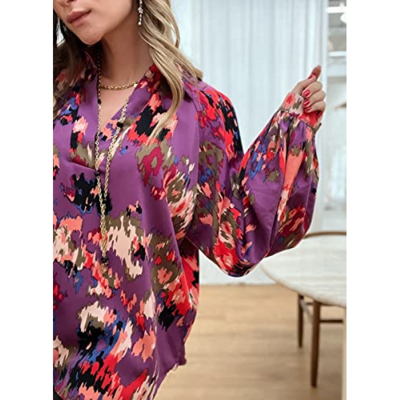 Dokotoo Womens Tops Boho V 넥 추상 프린트 랜턴 긴 소매 캐주얼 루즈 블라우스 셔츠