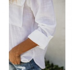 여성 캐주얼 버튼 다운 긴 소매 셔츠 V 넥 롤업 커프 슬리브 작업 포켓이 있는 솔리드 블라우스 탑