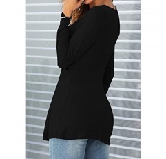 Tankaneo 여성 v 넥 프론트 매듭 블라우스 셔츠 긴 소매 우아한 캐주얼 티셔츠 솔리드 컬러 풀오버 탑
