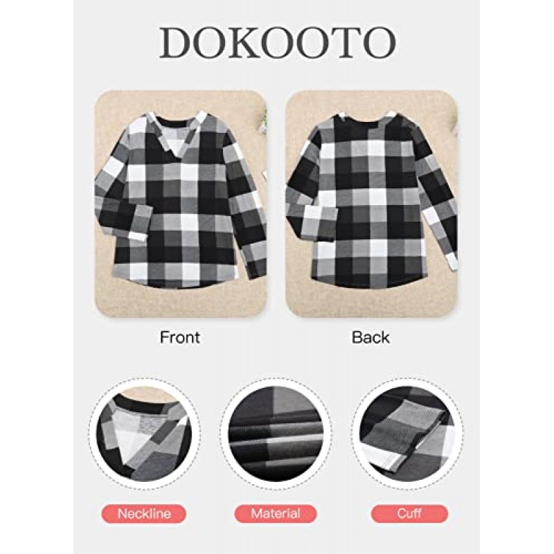 Dokotoo Womens 기본 캐주얼 V 넥 체크 무늬 프린트 코튼 커프 긴 소매 작업 탑 블라우스 셔츠 S-5XL