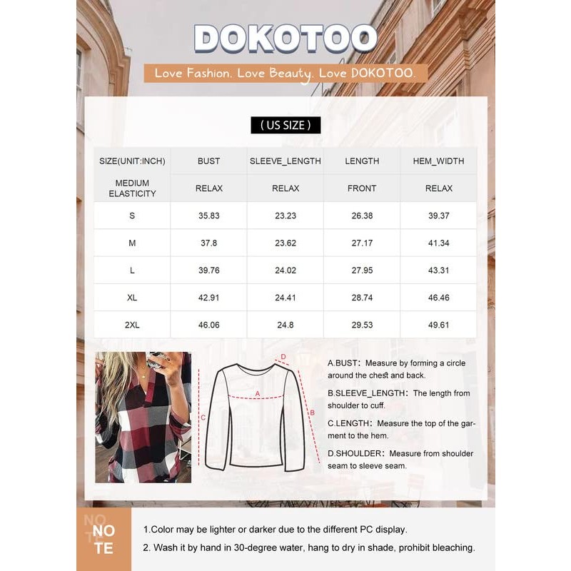 Dokotoo Womens 기본 캐주얼 V 넥 체크 무늬 프린트 코튼 커프 긴 소매 작업 탑 블라우스 셔츠 S-5XL