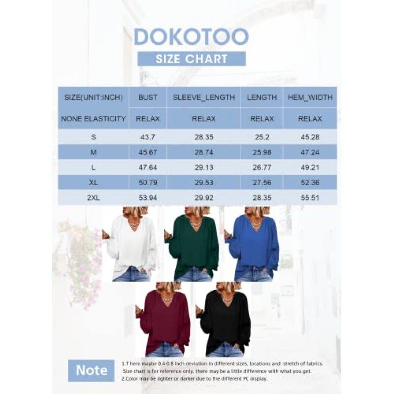 Dokotoo Womens 블라우스 패션 2023 스모크 긴 소매 V 넥 캐주얼 쉬폰 셔츠 탑