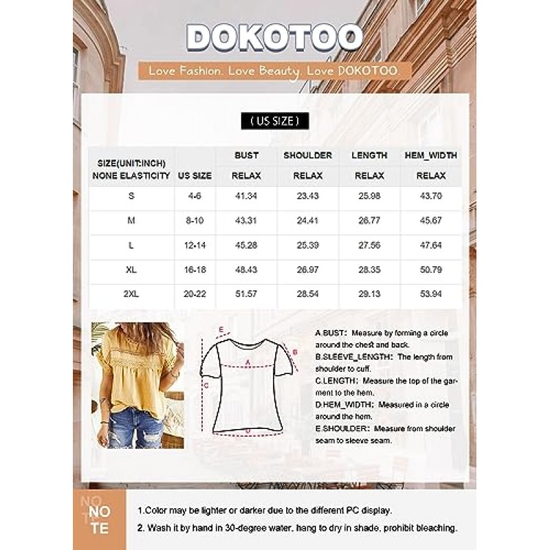 Dokotoo Womens Summer Tops 크루넥 레이스 크로셰 반소매 셔츠 캐주얼 시폰 블라우스