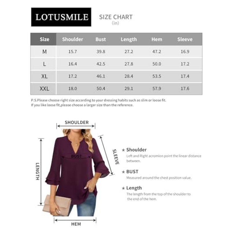 Lotusmile Womens Tops Dressy 캐주얼 3/4 티어드 벨 슬리브 블라우스 더블 레이어 시폰 작업 튜닉 셔츠