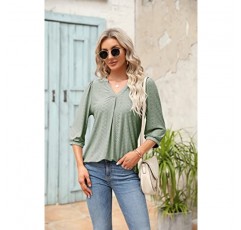 FMEYOA 여성용 3/4 슬리브 탑 아일렛 Dressy 캐주얼 V 넥 블라우스 T 셔츠
