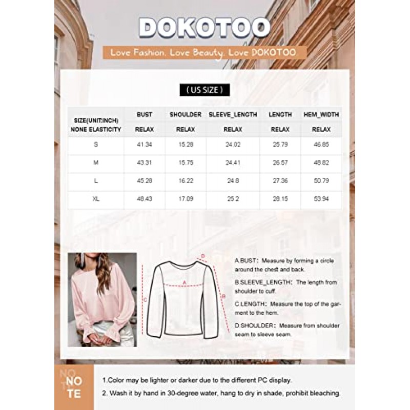 Dokotoo Womens Tops Dressy 캐주얼 크루넥 프릴 버블 긴팔 셔츠 솔리드 새틴 블라우스