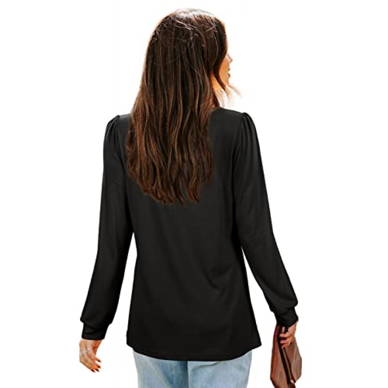 Sieanear Womens Tops 긴 소매 Dressy 캐주얼 주름 셔츠 크루넥