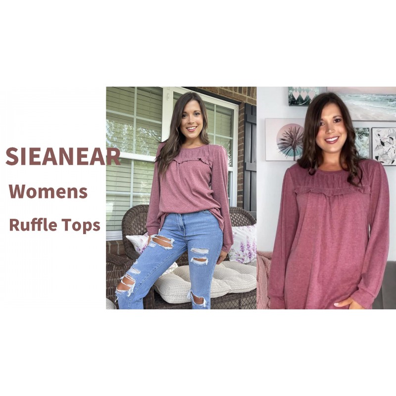 Sieanear Womens Tops 긴 소매 Dressy 캐주얼 주름 셔츠 크루넥