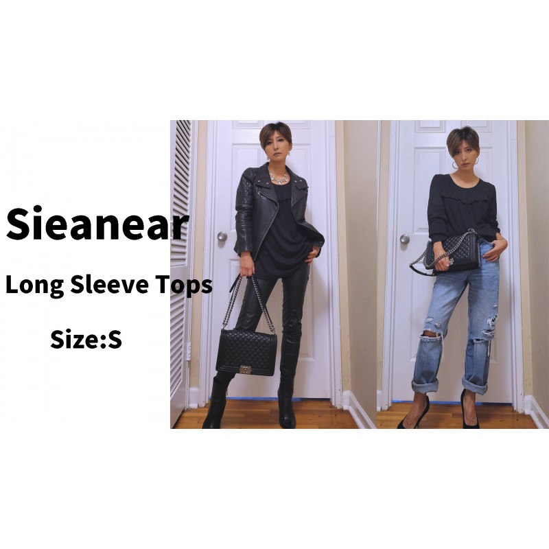 Sieanear Womens Tops 긴 소매 Dressy 캐주얼 주름 셔츠 크루넥