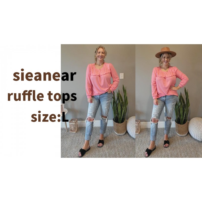 Sieanear Womens Tops 긴 소매 Dressy 캐주얼 주름 셔츠 크루넥