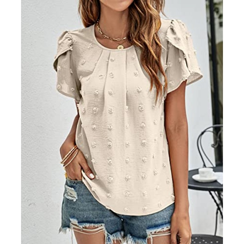 Womens 2023 Summer Dressy Shirt Pleated Swiss Dots Ruffle 반소매 블라우스 Flowy Tops 튜닉