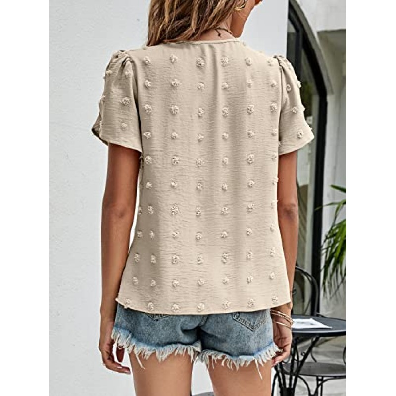 Womens 2023 Summer Dressy Shirt Pleated Swiss Dots Ruffle 반소매 블라우스 Flowy Tops 튜닉