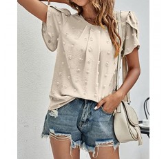 Womens 2023 Summer Dressy Shirt Pleated Swiss Dots Ruffle 반소매 블라우스 Flowy Tops 튜닉