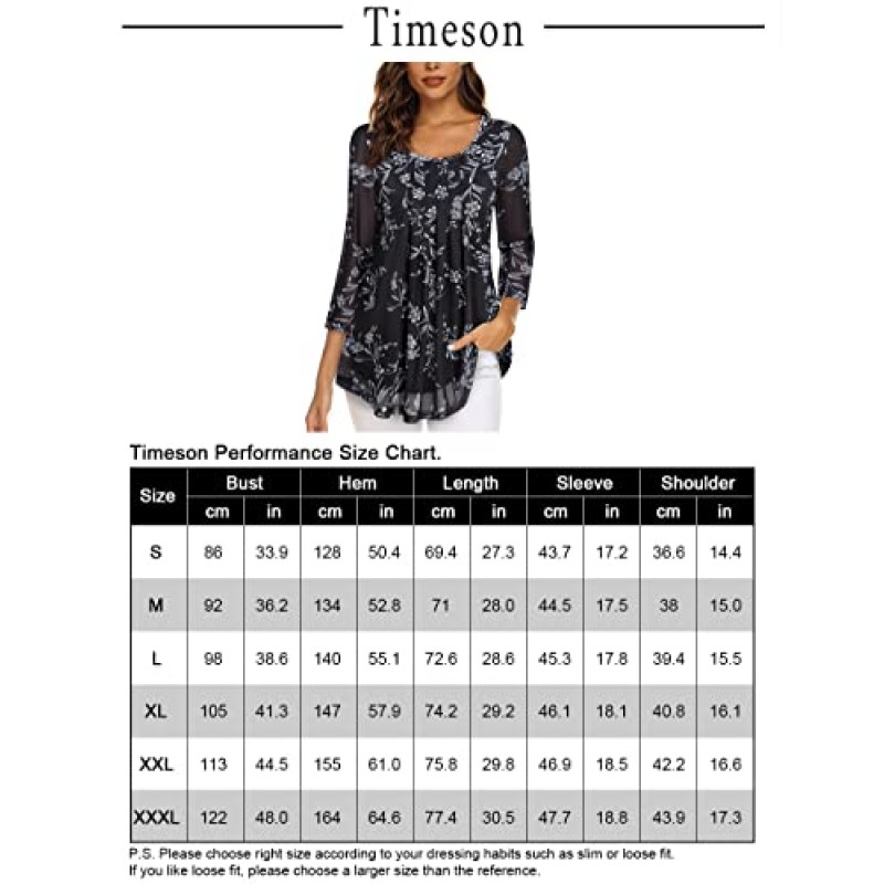 Timeson 여성 캐주얼 3/4 슬리브 튜닉 탑 꽃 무늬 더블 레이어 블라우스 루즈 피트 플리츠 메쉬 셔츠