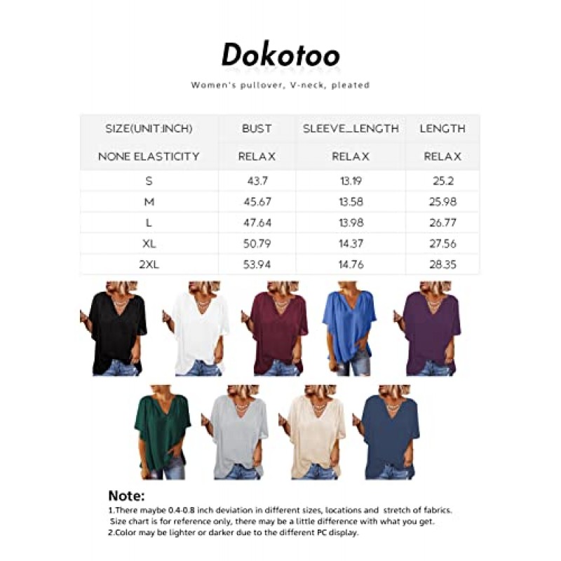 Dokotoo Womens 시폰 블라우스 캐주얼 솔리드 벨 슬리브 셔츠 루즈한 V 넥 플리츠 튜닉 탑