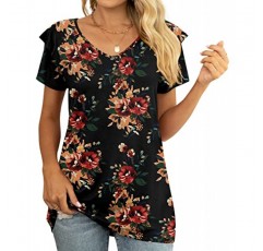 YVH 여성 여름 캐주얼 티셔츠 V 넥 프릴 반소매 탑 루즈 블라우스