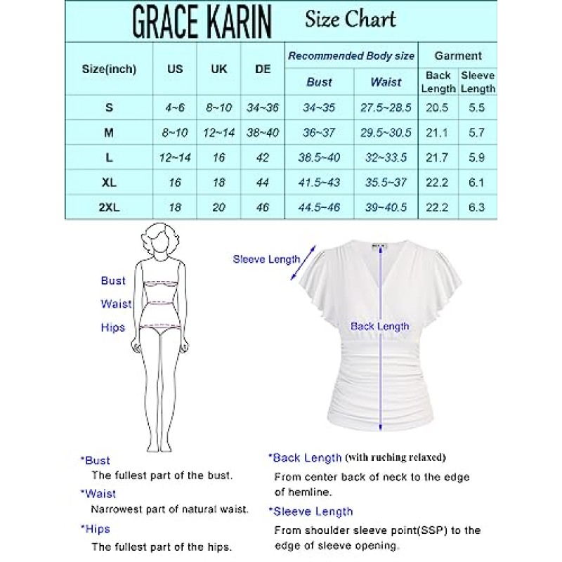 GRACE KARIN 여성 탑 우아한 서플리스 랩 블라우스 V 넥 랜턴 긴 소매 슬림핏 셔링 탑