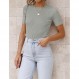 ZESICA 여성용 반팔 크루 넥 리브 니트 슬림 피트 T 셔츠 2023 여름 기본 솔리드 컬러 티셔츠