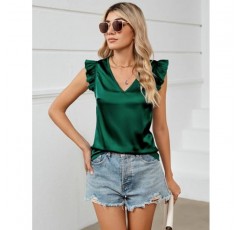 Maysoar 여성용 새틴 셔츠 프릴 캡 슬리브 V 넥 탑 캐주얼 여성 민소매 여름 블라우스 T 셔츠