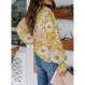 SHEWIN 여성 캐주얼 Boho 꽃 프린트 V 넥 긴 소매 Drawstring 탑 루즈 블라우스 버튼 다운 셔츠