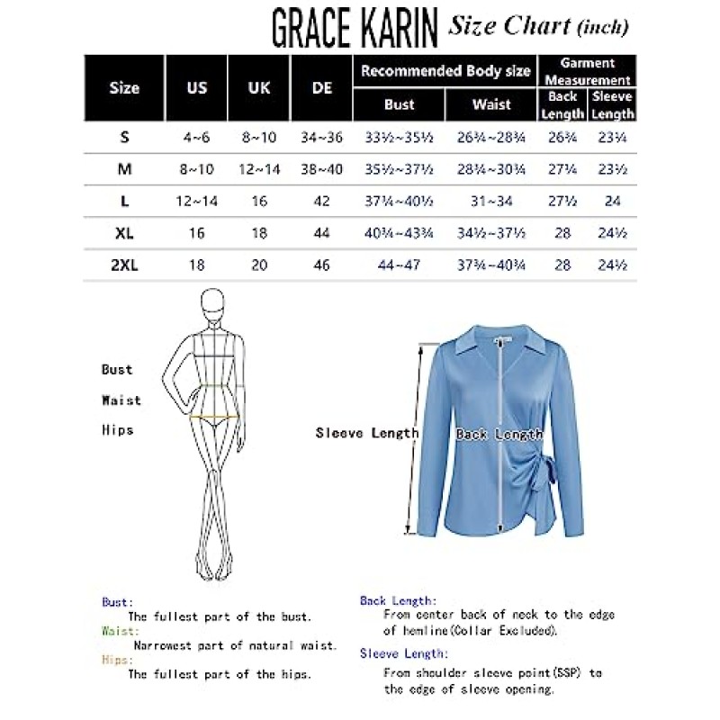 GRACE KARIN 여성용 새틴 실크 블라우스 랩 V 넥 셔츠 긴 소매 우아한 타이 허리 사무실 공식 작업 튜닉 풀오버 탑