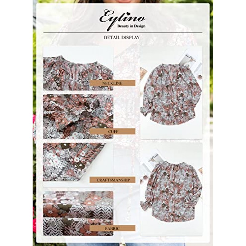 Eytino 여성 플러스 사이즈 Boho 꽃 프린트 탑 캐주얼 V 넥 긴 소매 Drawstring 블라우스 셔츠(1X-5X)