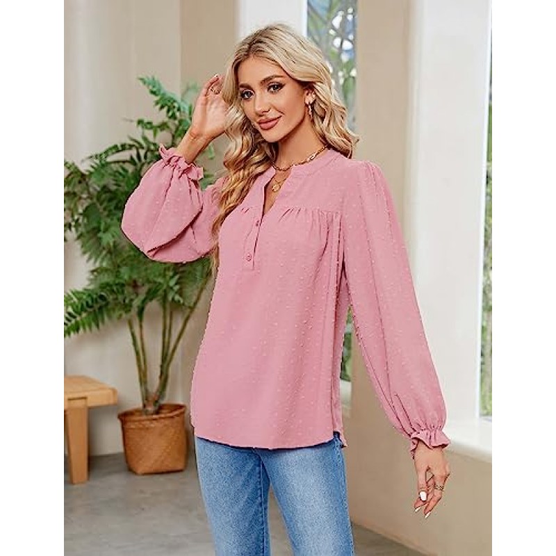 BMJL Womens 비즈니스 캐주얼 탑 핑크 Dressy Button Shirts Pleated Swiss Dots V 넥 긴 소매 블라우스 2023