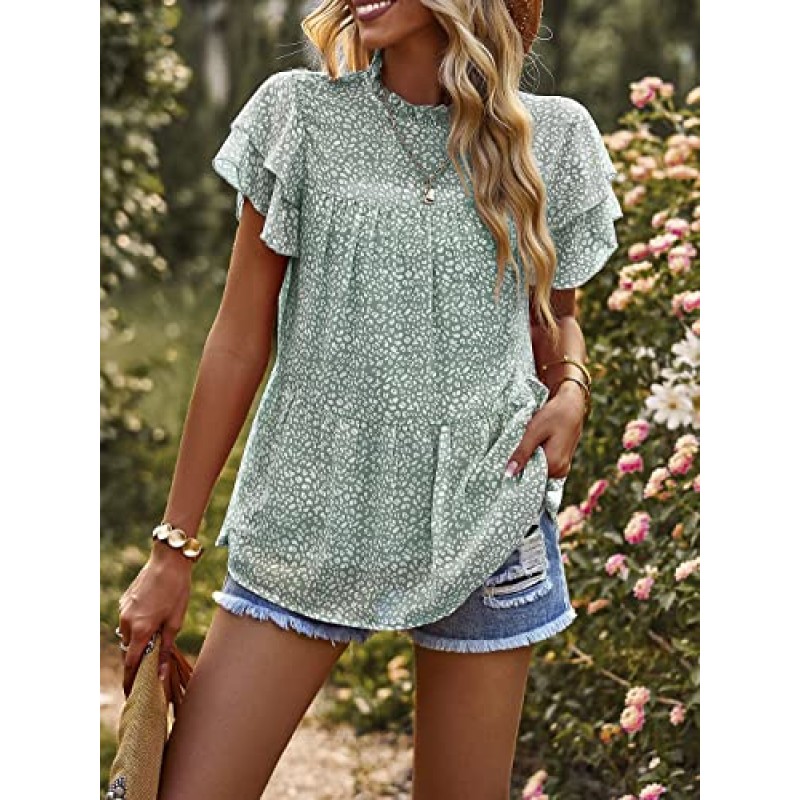 PRETTYGARDEN 여성 캐주얼 여름 탑 프릴 반팔 모의 넥 패션 꽃 무늬 쉬폰 블라우스 셔츠